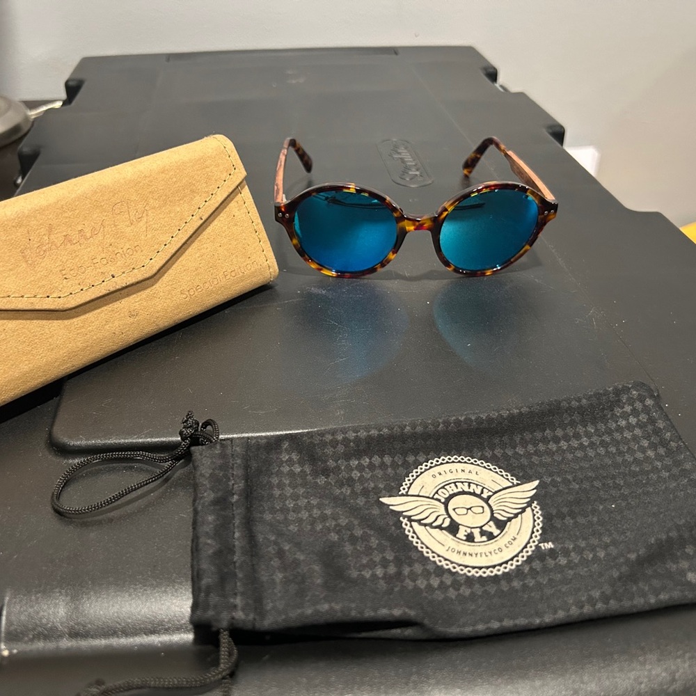 Johnny Fly Tortoise Shell Sunglasses with Blue Lenses comes with case & pouch